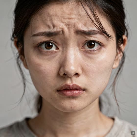 A teenage girl with her eyebrows pulled up and together.