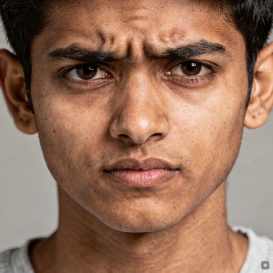 A teenage boy with one eyebrow raised and narrowed eyes.