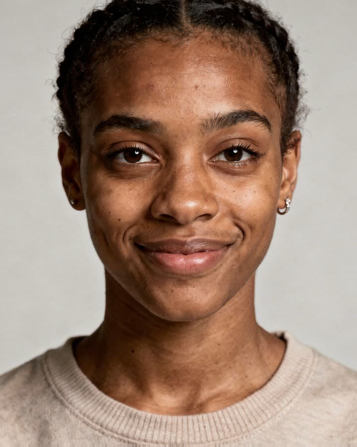 A teenage girl with a small, sideways smile and crinkled eyes, looking straight at the camera.