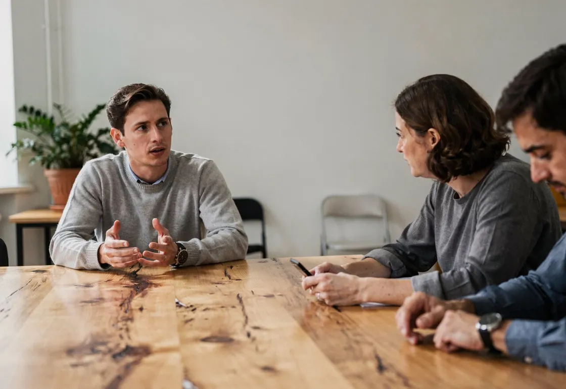 A meeting. A young man is mid-sentence. The colleague beside him holds her phone in both hands, and the man next to her looks down at the table.