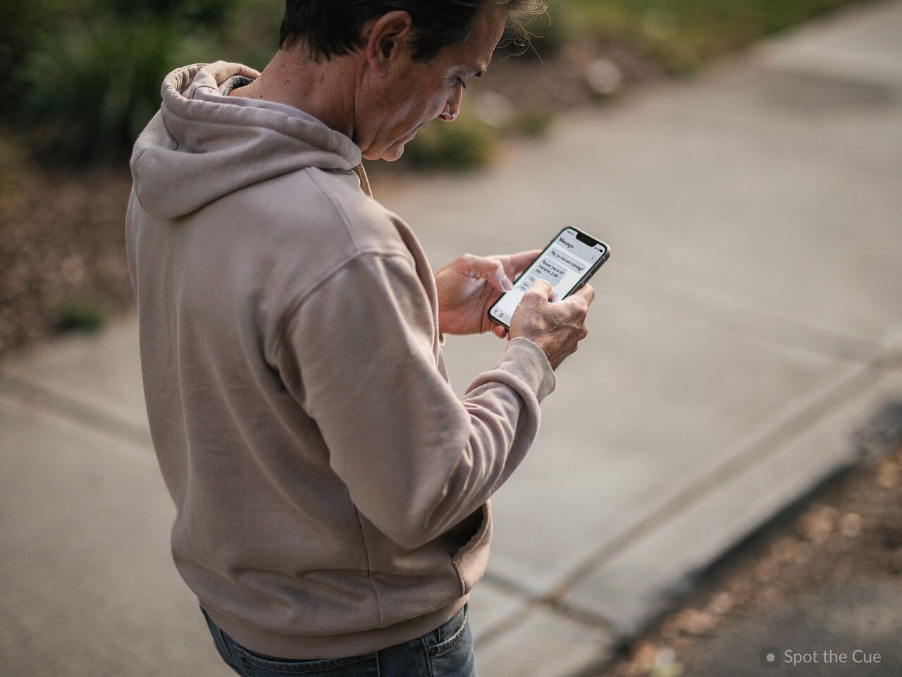 A person standing outdoors looking down at their phone, body turned away, attention fully on the screen.