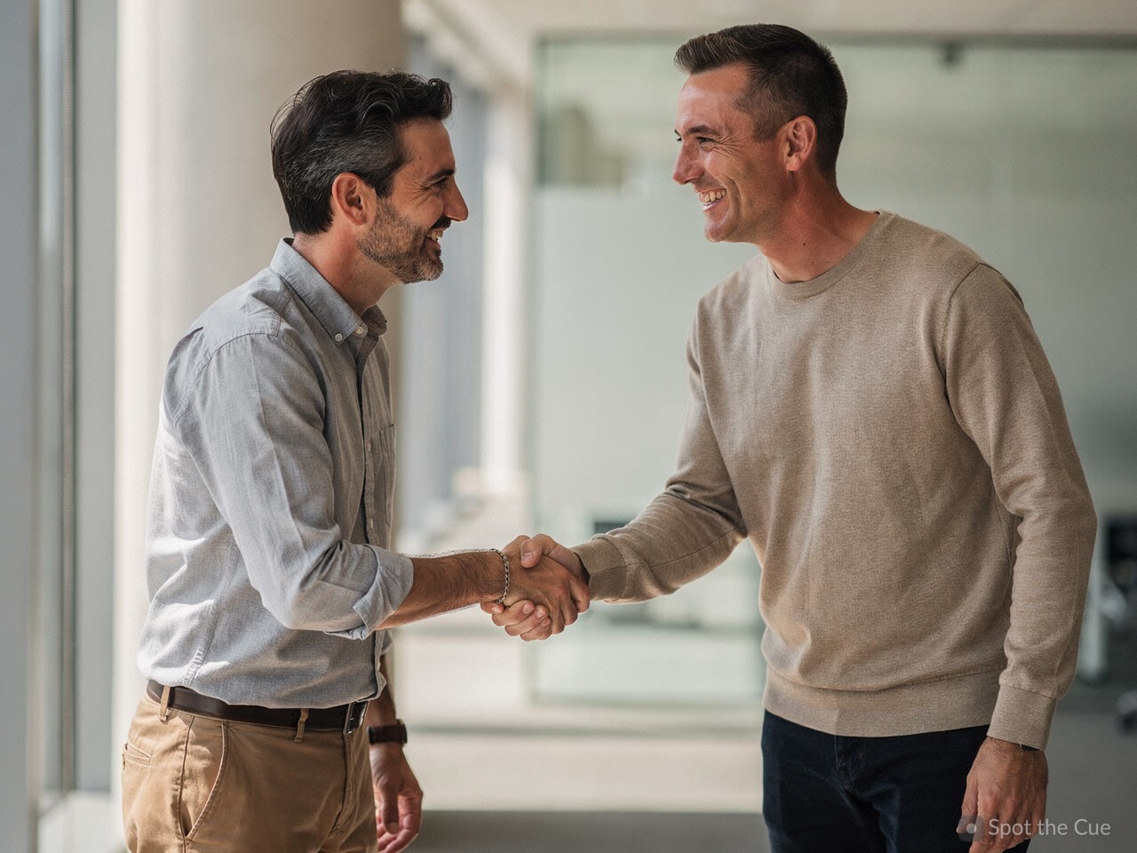 Two colleagues shaking hands, both smiling, leaning slightly toward each other with relaxed shoulders.
