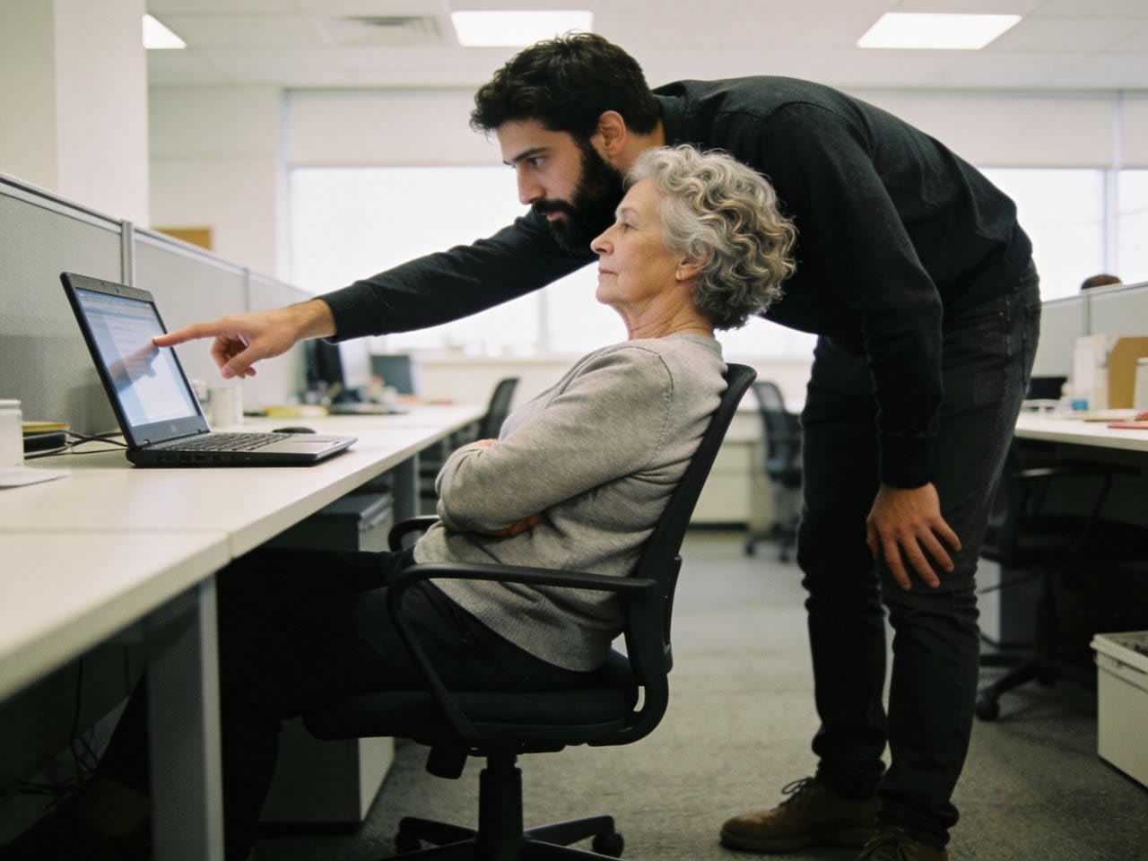 At an office desk, a seated person leans back with their chin tucked while a standing colleague bends in close over the desk, pointing at the laptop screen.