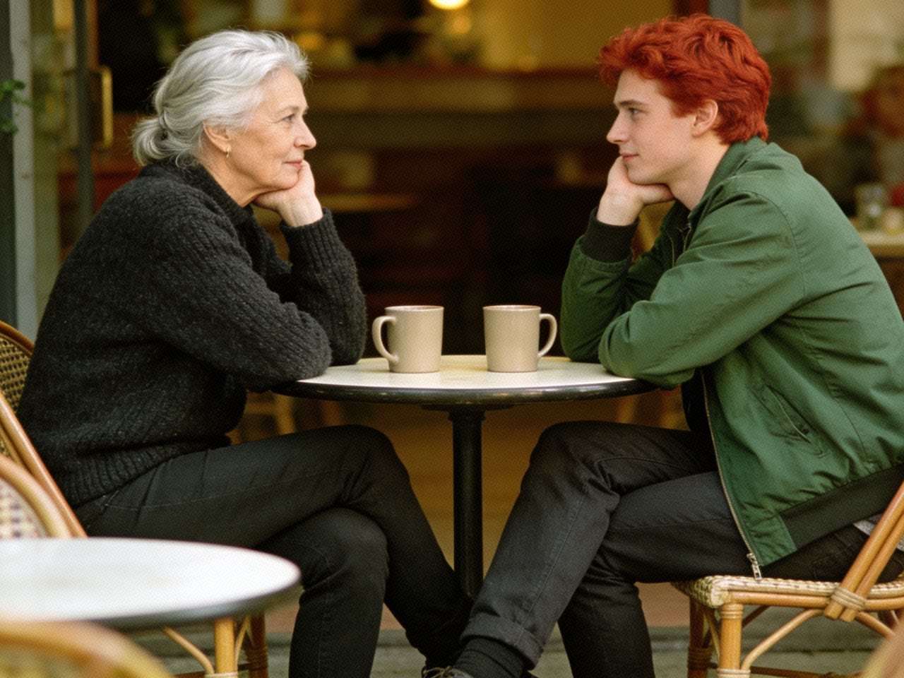 Two friends sitting across a small cafe table, both leaning on the same elbow at the same angle with their legs crossed the same way.