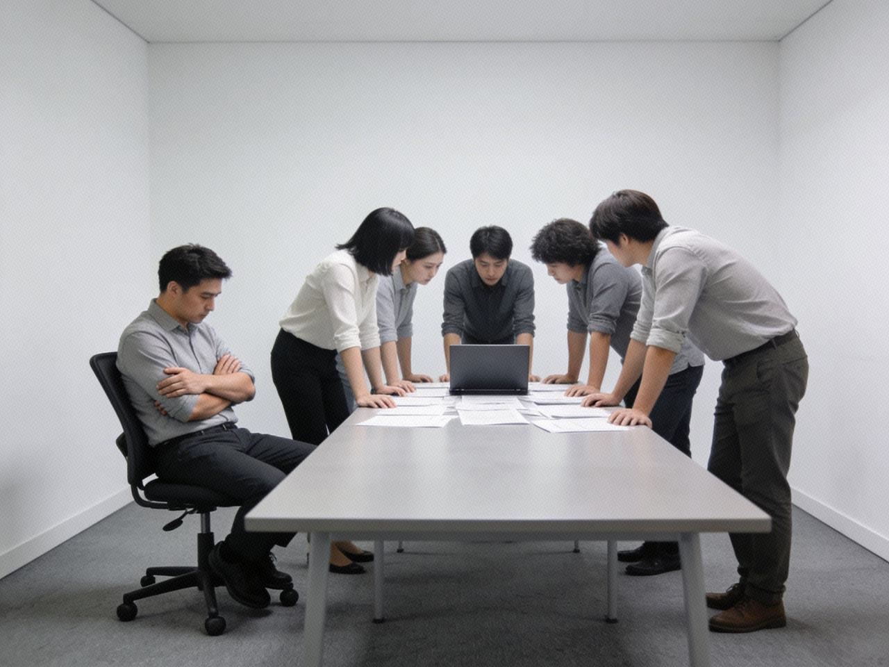 A meeting table with five people leaning over it around a laptop, while one man has rolled his chair back from the table, arms folded, looking down at the tabletop.