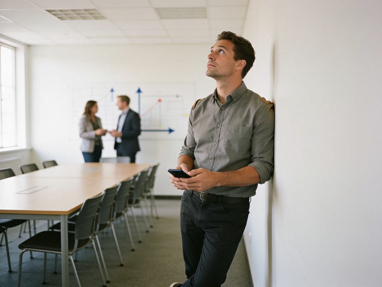 A person standing at the edge of a meeting room holding a phone in both hands, turning it over, not looking at the screen.
