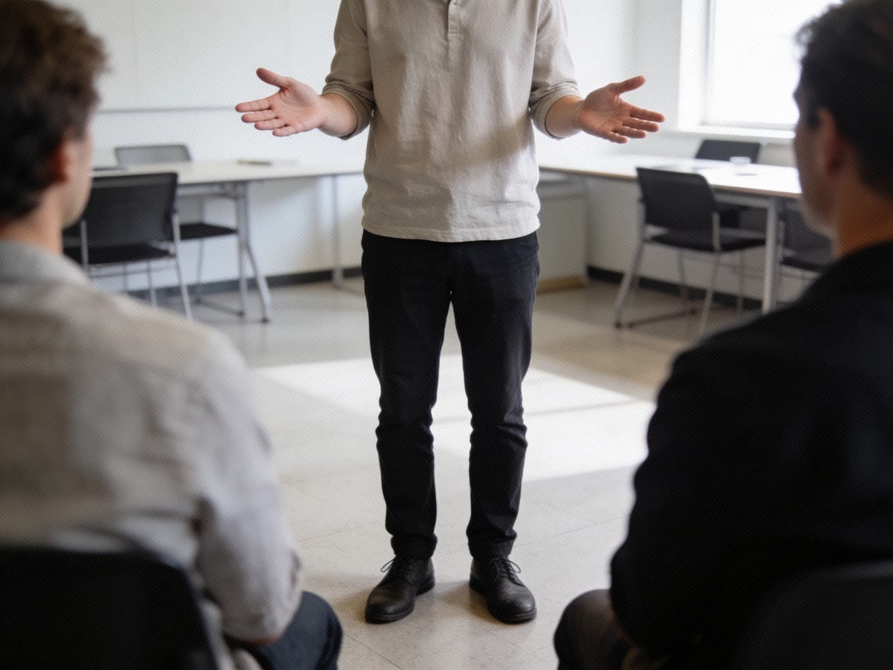 A person standing in a meeting room explaining something, both hands held out with palms turned upward and open, shoulders relaxed, feet planted evenly.