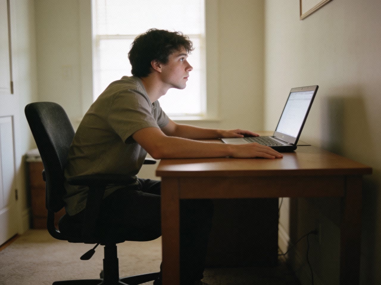 A person at a home desk on a video call, sitting forward with both forearms flat on the desk and their chin lifted toward the laptop screen.
