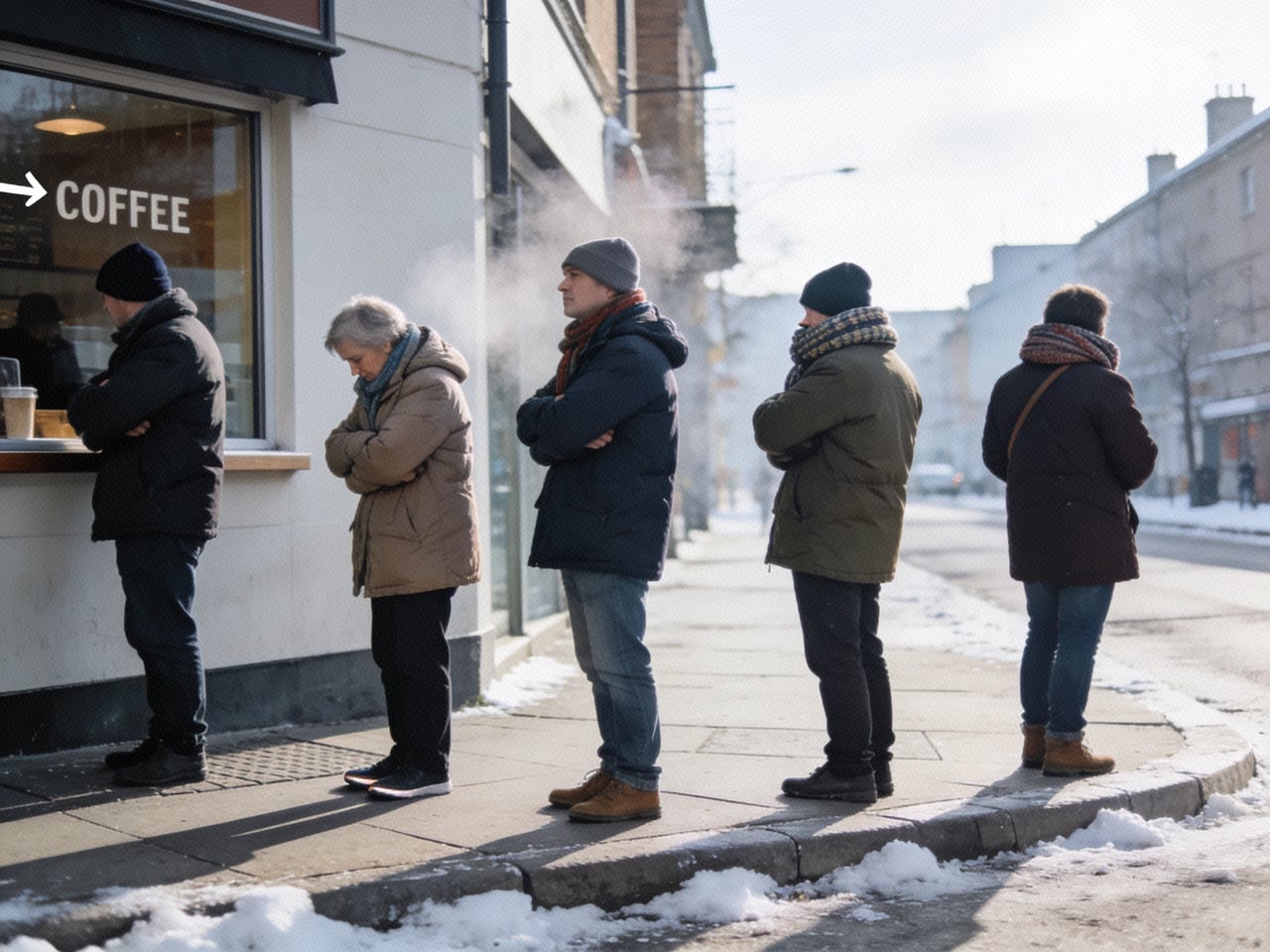 A queue of five people waiting outside a coffee window on a cold morning, most with arms folded tightly across their chests, wearing heavy coats, scarves and hats.