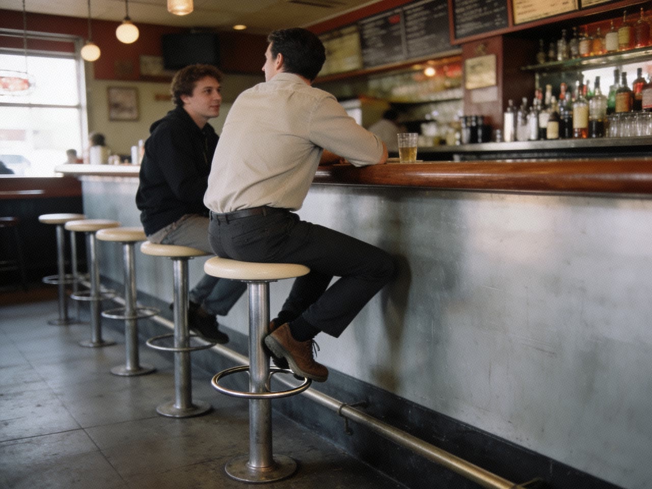 A person perched on a tall backless bar stool at a high counter, torso turned to the side, talking to someone on the next stool.