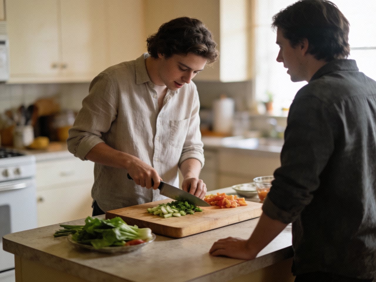 A person standing at a kitchen counter chopping vegetables on a board with a knife, eyes down on the board, mid-conversation with someone beside them.