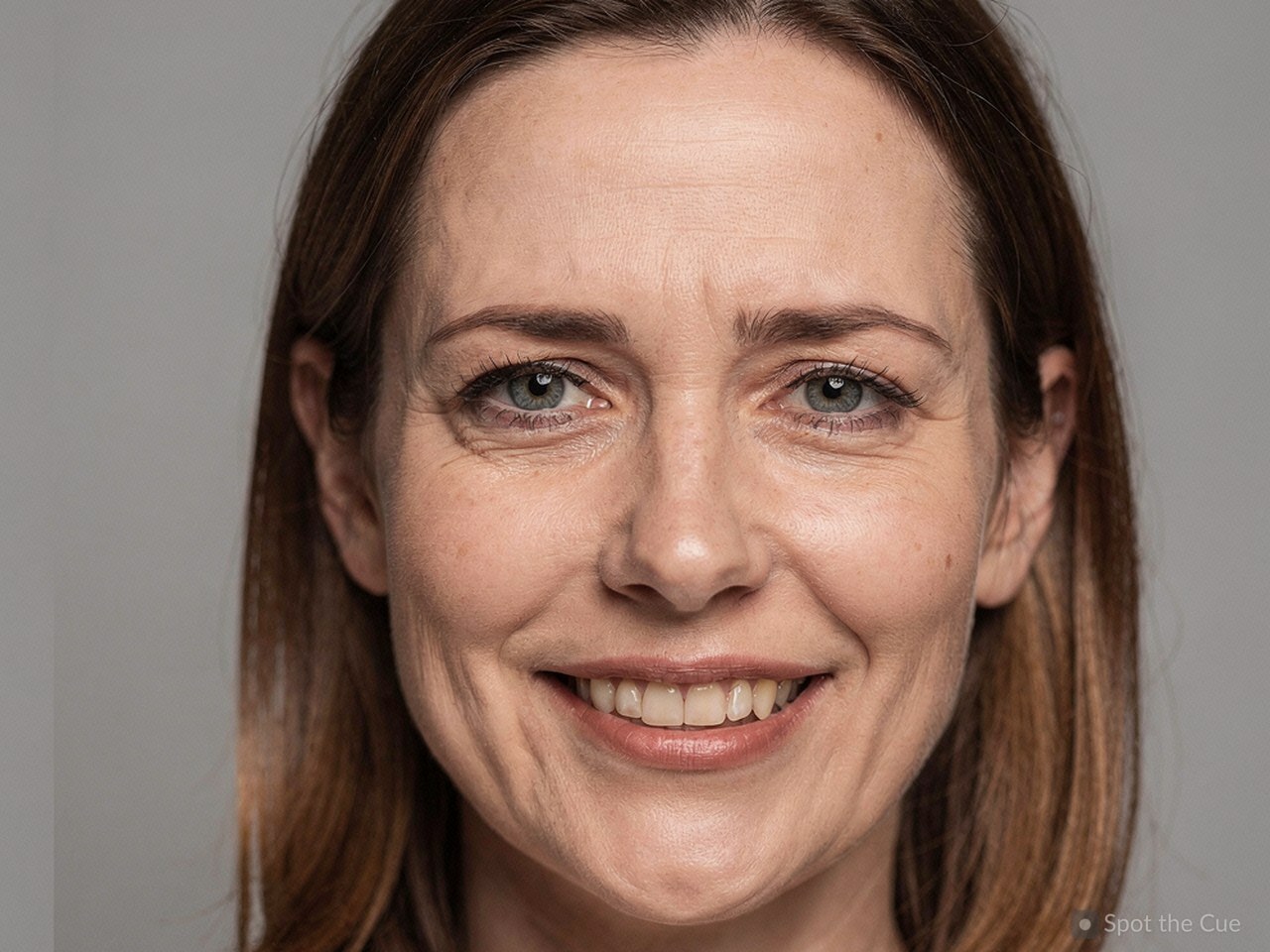 A woman smiling brightly with her mouth while the eyes above stay tense and a little sad.