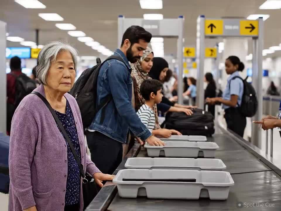 Travelers walking through an airport security checkpoint.