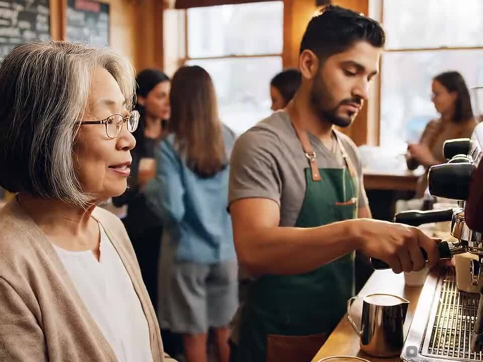 A barista making a drink at an espresso machine.