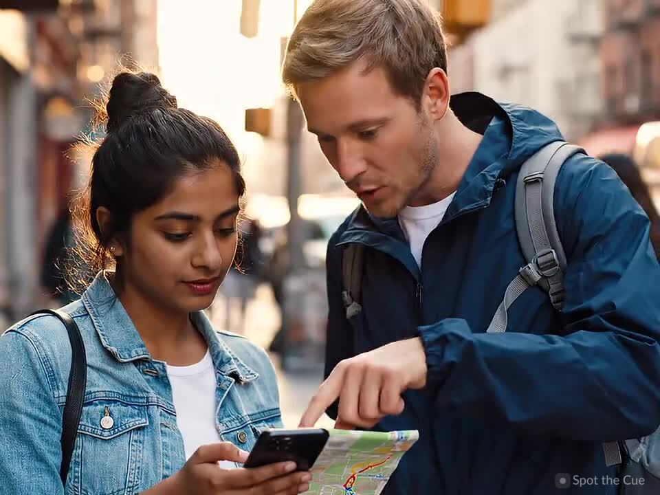 Two travelers reading a map together on a street, pointing the way.