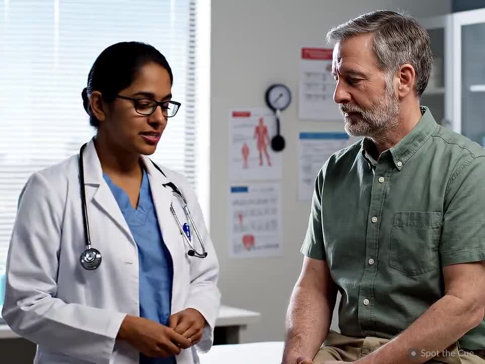 A doctor talking with a seated patient in a clinic.