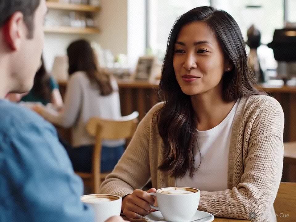 Two people on a date at a café, leaning in and talking warmly.