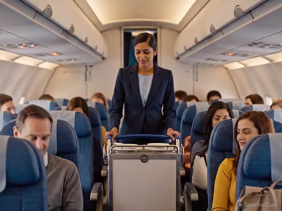 Flight attendants serving passengers down the aisle of an airplane cabin.