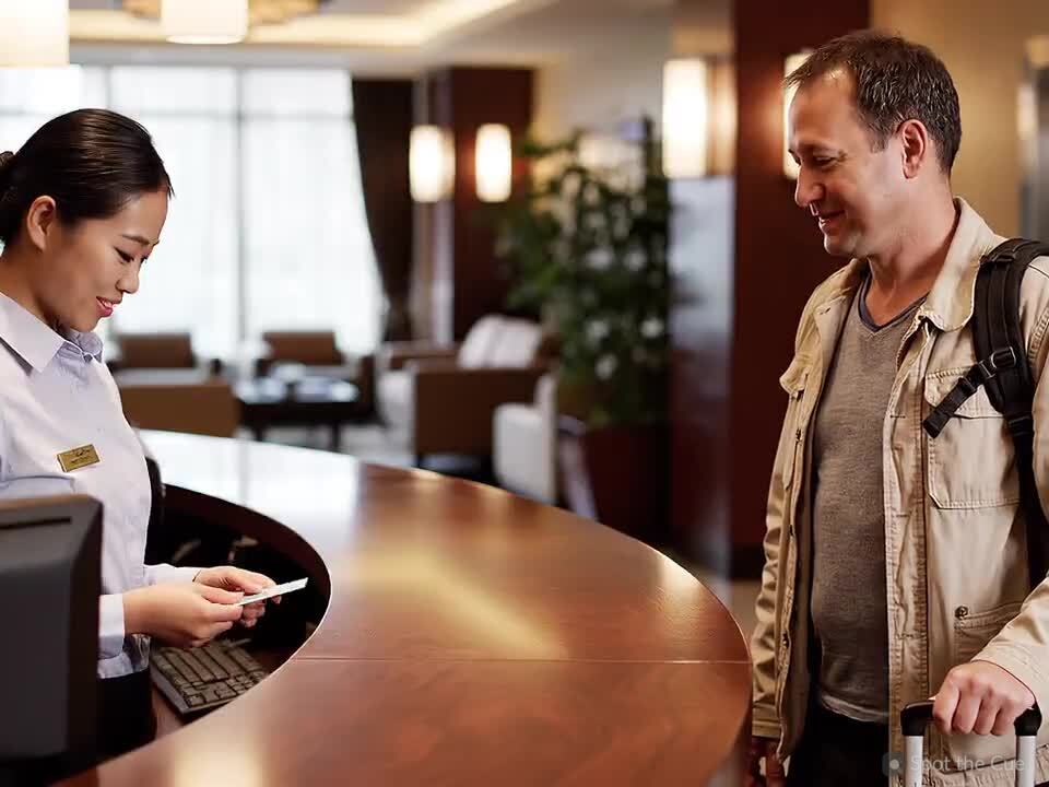 A smiling hotel receptionist behind the front desk.
