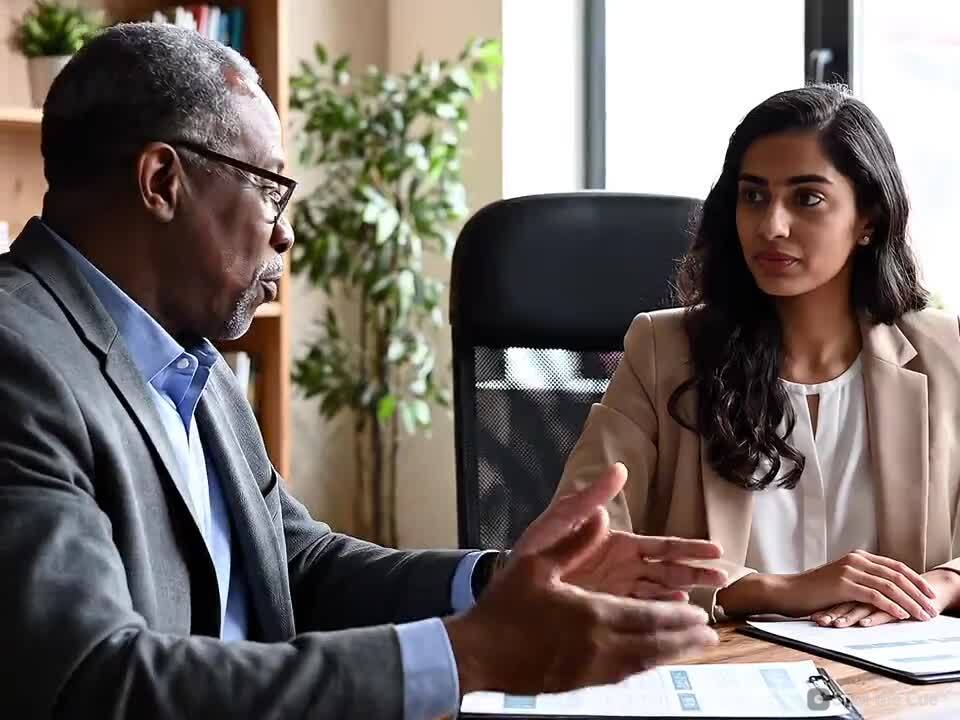 An employer interviewing a job candidate across a desk.