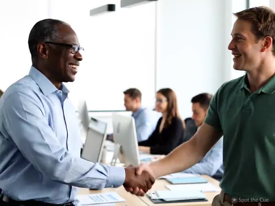 Two colleagues talking together at a desk in an office.