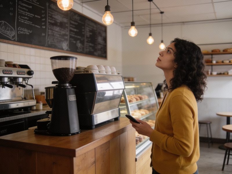 A woman in a mustard cardigan stands in a short queue looking up at the chalkboard menu behind the counter.
