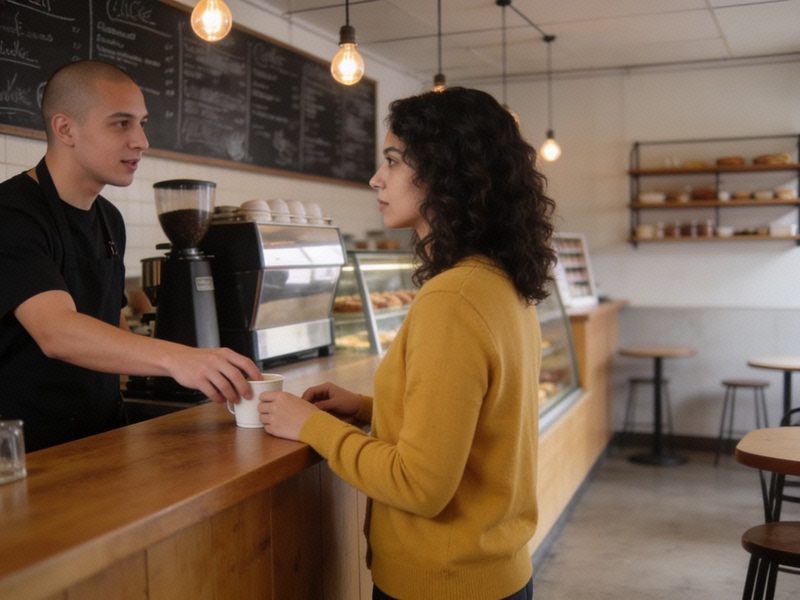 A woman in a mustard cardigan orders at the counter while the barista listens and reaches for a cup.