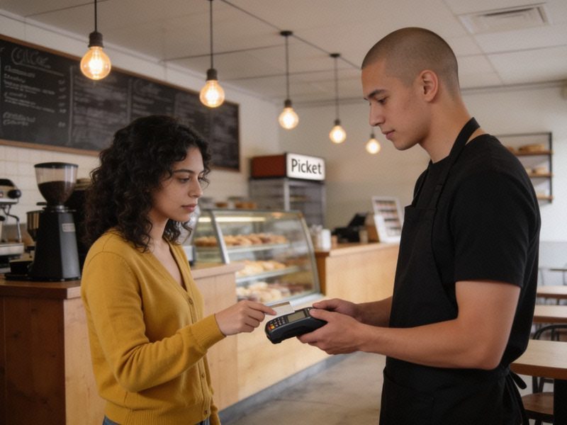 A woman in a mustard cardigan taps a card on the payment terminal the barista is holding out.