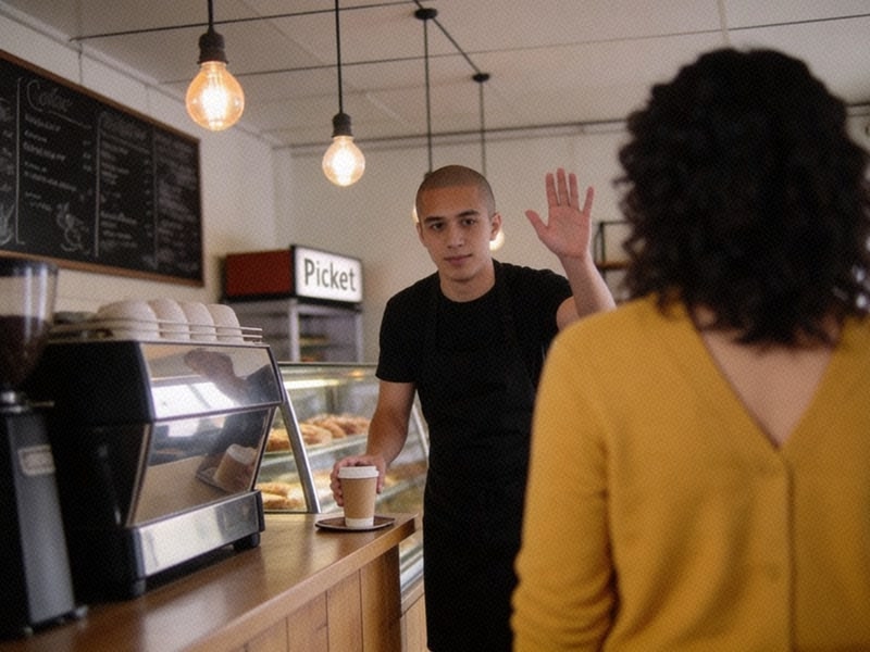 A woman in a mustard cardigan waits at the pickup shelf as the barista sets a to-go cup down and calls out.