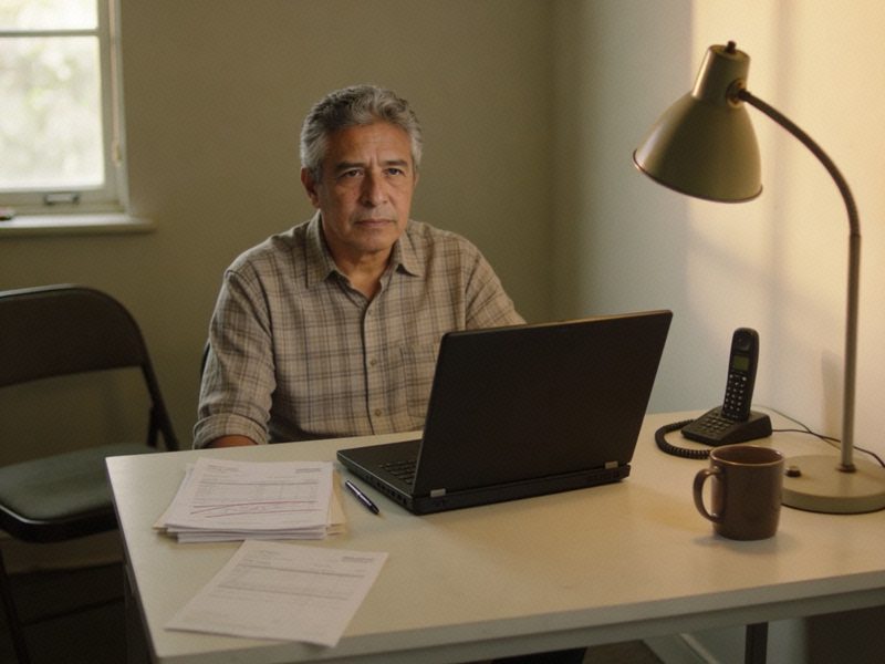 A man in a checked shirt sits at a desk with a phone on speaker beside a paper bill, waiting.