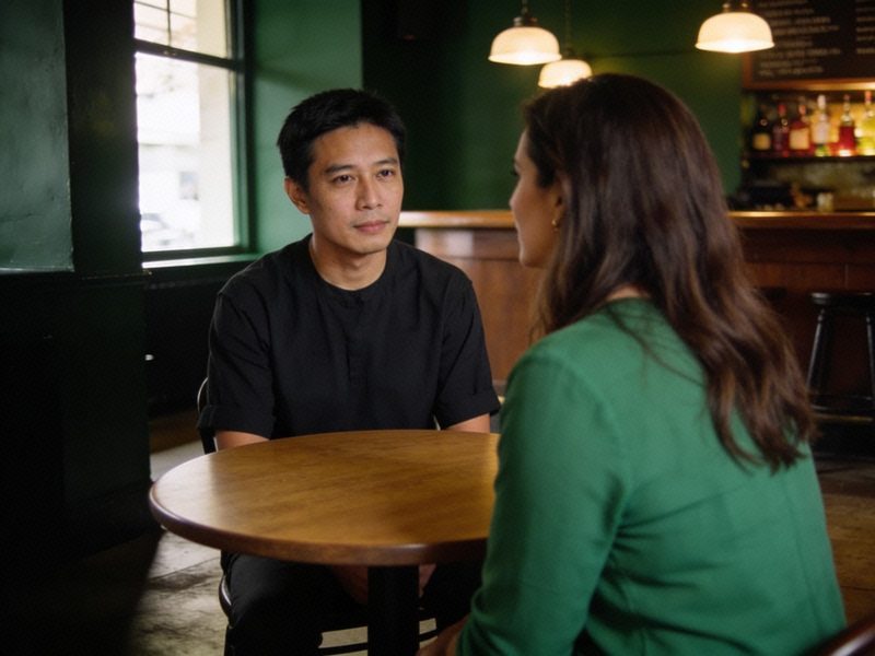 A man in a dark shirt sits across a small round table from his date, both mid-conversation with readable, neutral faces.