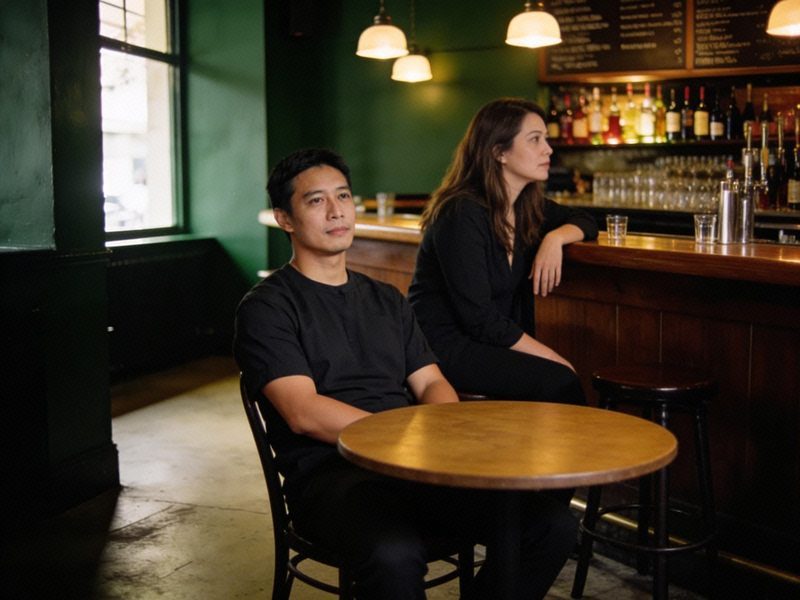 A man in a dark shirt sits through a brief lull as his date glances towards the bar, both relaxed.