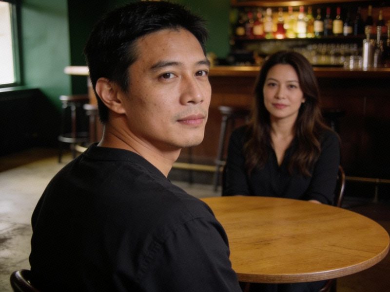 A man in a dark shirt sits in a quieter moment as his date sits back slightly, both polite.