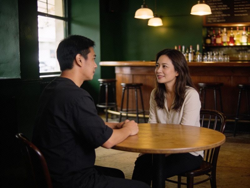 A man in a dark shirt says something lightly to his date, who responds warmly.