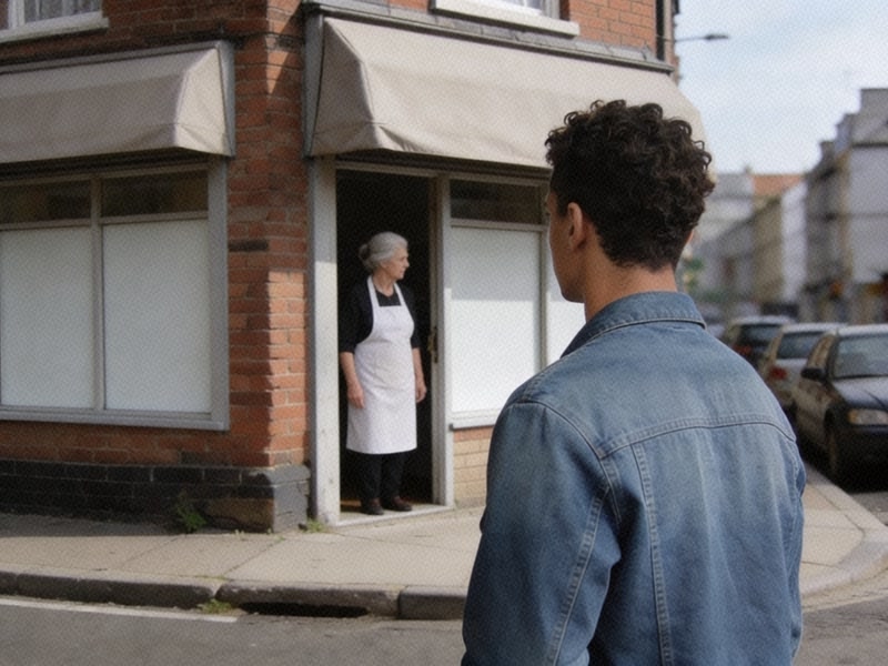 A young man in a denim jacket stands on the sidewalk looking towards a shopkeeper in an apron standing in her doorway.