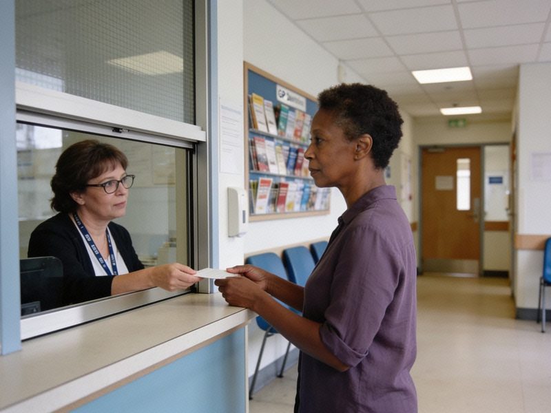 A woman in a purple blouse gives her name at the surgery reception counter through a sliding glass panel.