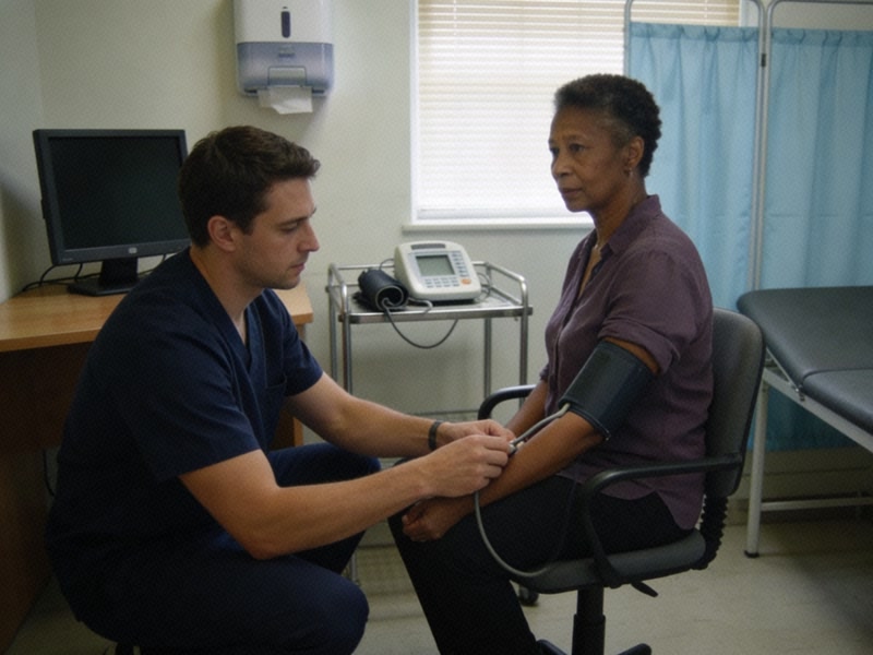 A woman in a purple blouse sits beside a desk while a nurse fastens a blood-pressure cuff around her upper arm.