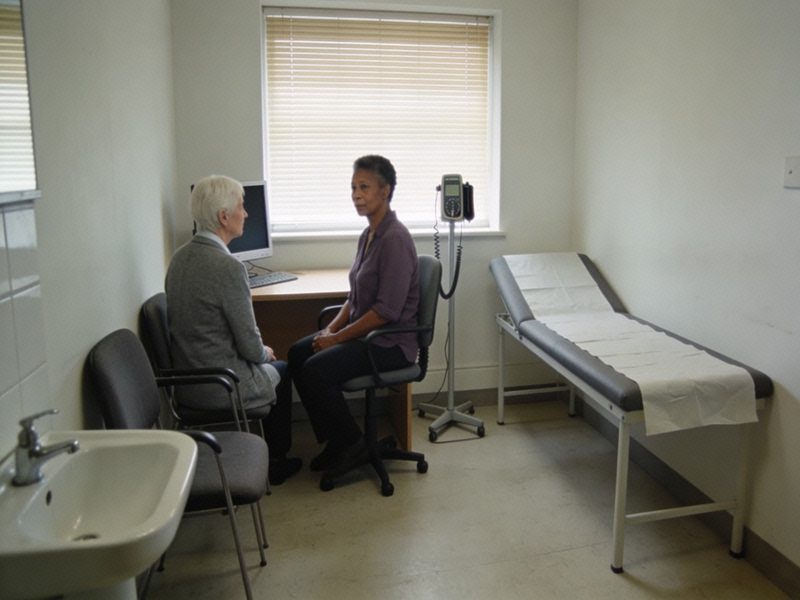 A woman in a purple blouse sits in a consulting-room chair talking to a doctor who has swivelled away from her monitor to listen.