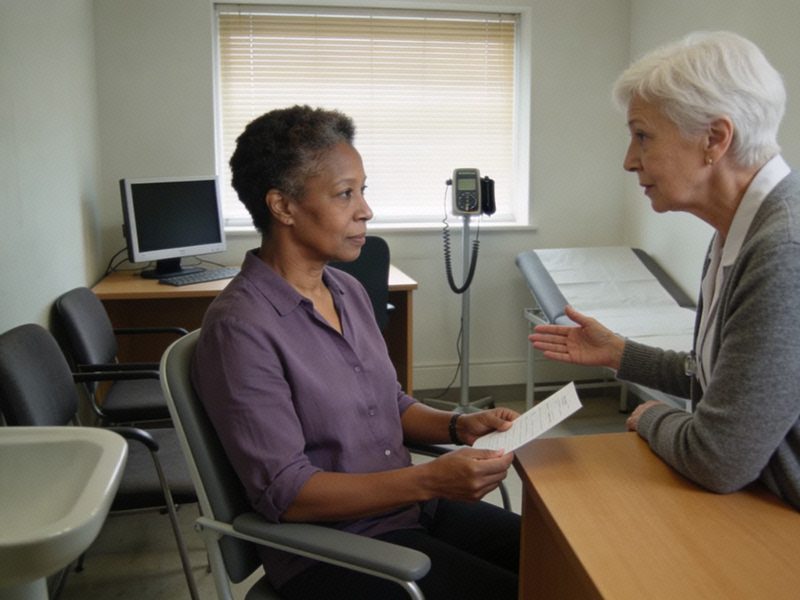 A woman in a purple blouse takes a printed slip from the doctor, who is gesturing an explanation beside the desk.