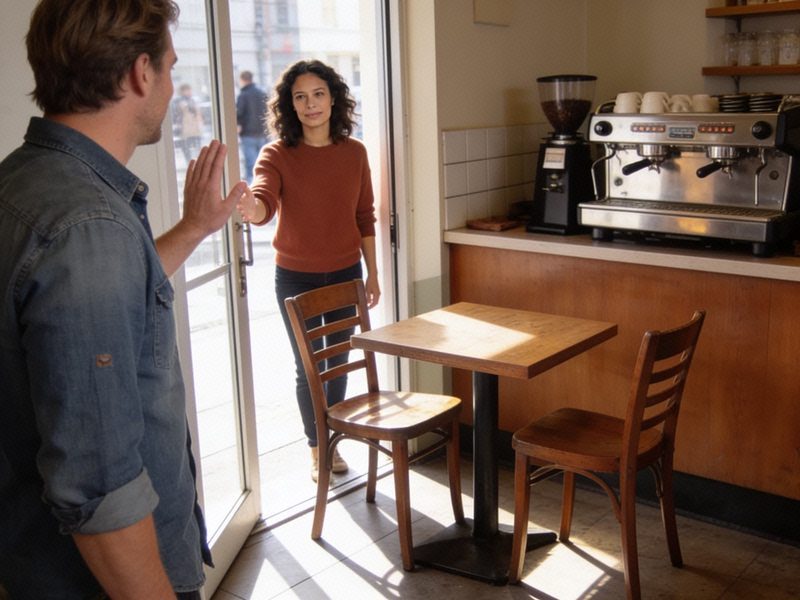 A woman in a rust jumper greets her date with a small wave just inside the coffee shop doorway.
