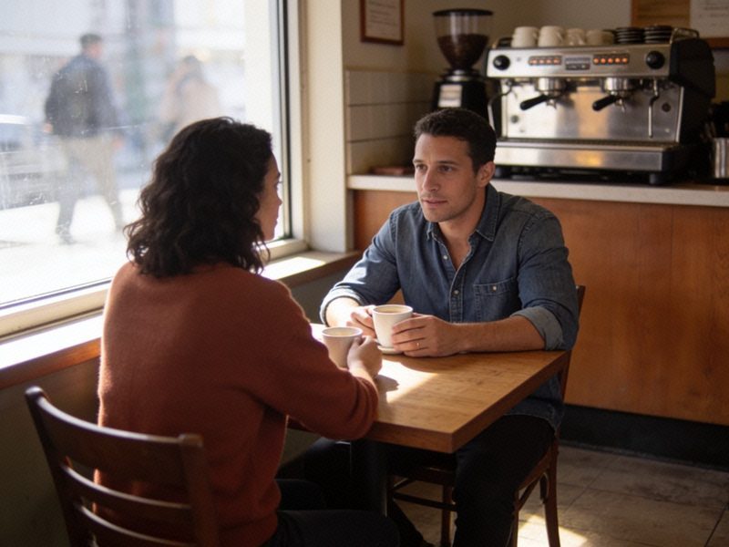 A woman in a rust jumper sits across a two-person window table from her date, both with cups, mid-conversation.