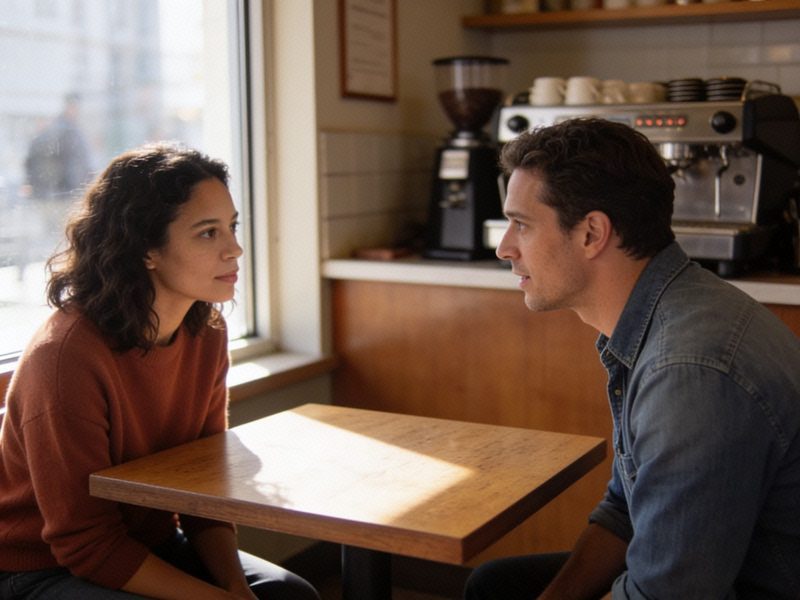 A woman in a rust jumper leans slightly forward asking her date a question as he leans in to answer.