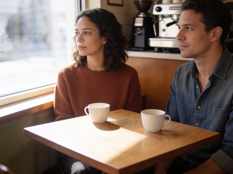 A woman in a rust jumper sits through a small lull at the table, both glancing away politely, cups nearly empty.
