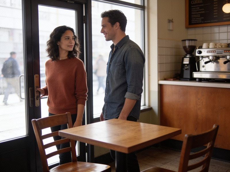 A woman in a rust jumper says goodbye to her date by the coffee shop door, both relaxed.