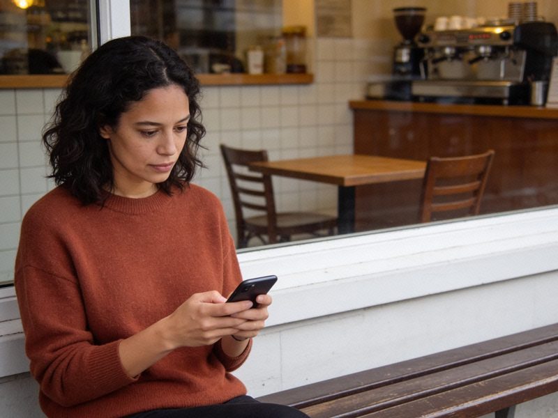 A woman in a rust jumper sits alone on a bench outside typing a short message on her phone.