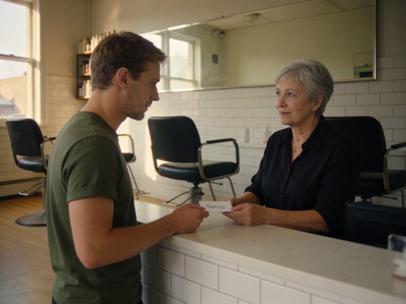 A man in an olive t-shirt gives his name at the salon reception counter to a stylist with short gray hair.