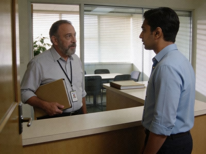 A man in a light blue shirt speaks to a receptionist at an office front desk.