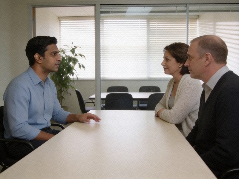 A man in a light blue shirt sits across a meeting-room table answering a question from two interviewers who are listening.