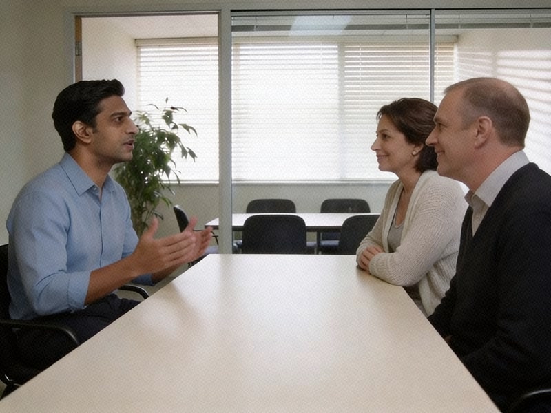 A man in a light blue shirt asks a question of the two interviewers from across the meeting-room table.