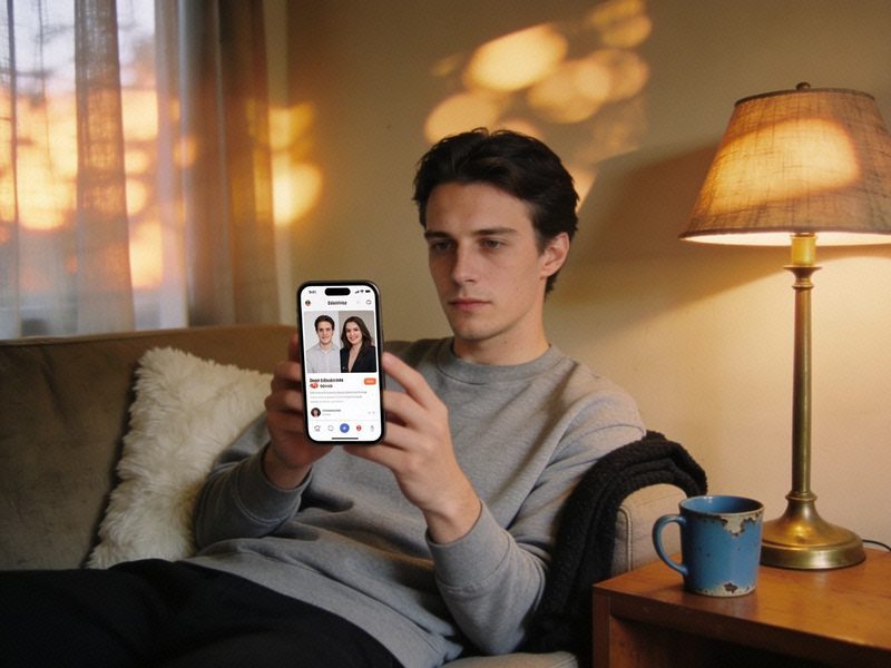 A man in a grey sweatshirt sits on a sofa looking at a dating-app match on his phone, a mug on the table.